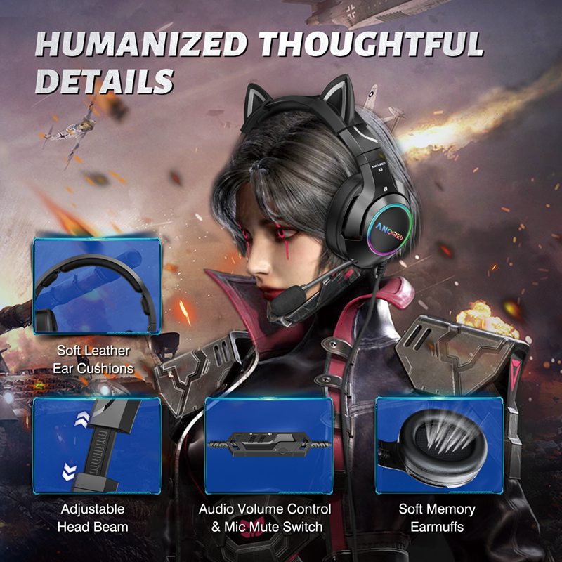 Custom Cute Gaming Headset With Cat Ear