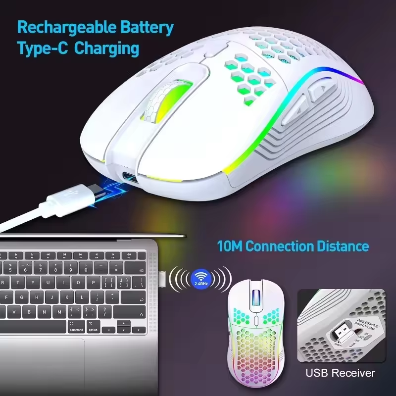 Professional Wireless Gaming Mouse 2400DPI Rechargeable RGB Gamer Mouse with Honeycomb Computer Mouse Gaming Mice
