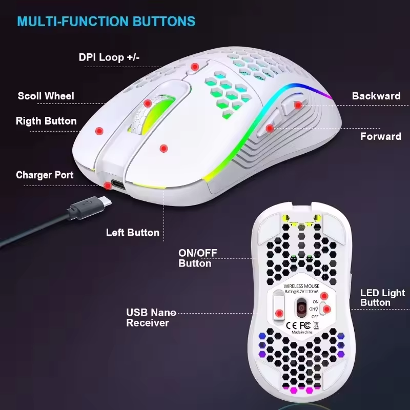 Professional Wireless Gaming Mouse 2400DPI Rechargeable RGB Gamer Mouse with Honeycomb Computer Mouse Gaming Mice