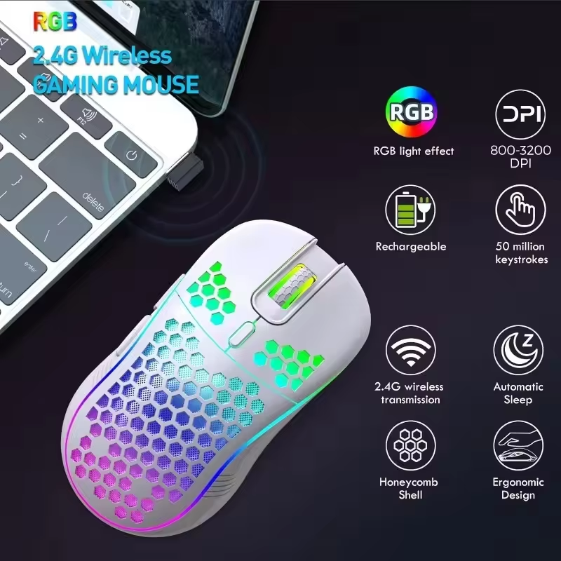 Professional Wireless Gaming Mouse 2400DPI Rechargeable RGB Gamer Mouse with Honeycomb Computer Mouse Gaming Mice