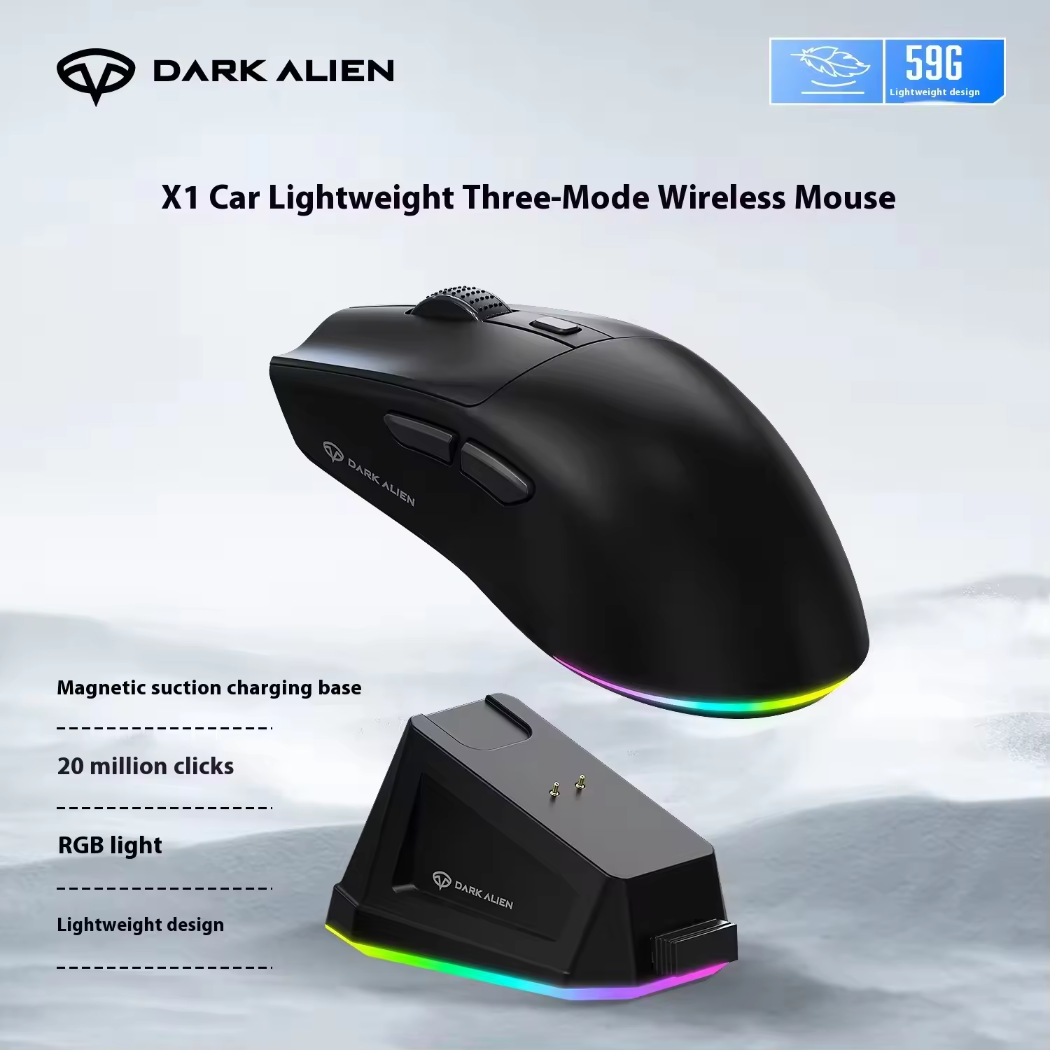 Dark Alien X1 Wireless Mouse Three Mode 2.4G PAW3311 RGB With Magnetic Charging Dock