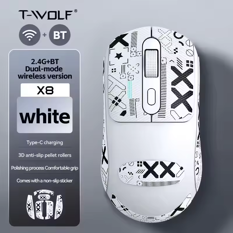 T-WOLF X8 Dual Mode Rechargeable BT Wireless Mouse 3200DPI Gaming Mouse for Computer and Laptop USB Connection Wireless Mouse