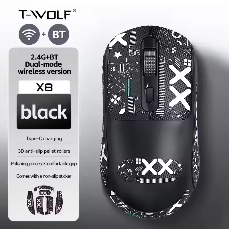 T-WOLF X8 Dual Mode Rechargeable BT Wireless Mouse 3200DPI Gaming Mouse for Computer and Laptop USB Connection Wireless Mouse