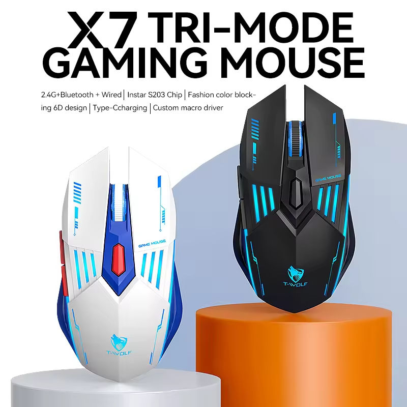 T-WOLF X7 Tri-mode Gaming Mouse Lightweight PAW3212 Rechargeable Mouse Computer Accessories 6D E-sport Mouse for Gaming Laptop