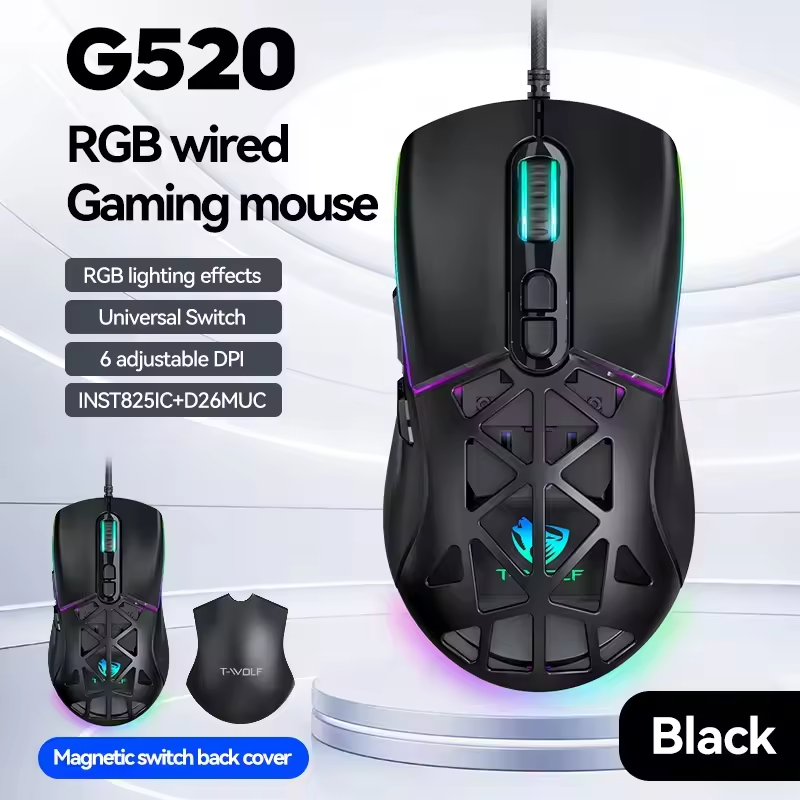 T-WOLF G520 Gaming Mouse RGB Cable Game Mouse INST 8251 Magnetic Back Cover Hole Game Mouse with Software for Laptop Pc Gaming