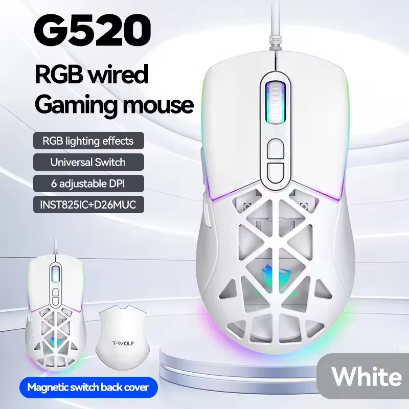 T-WOLF G520 Gaming Mouse RGB Cable Game Mouse INST 8251 Magnetic Back Cover Hole Game Mouse with Software for Laptop Pc Gaming