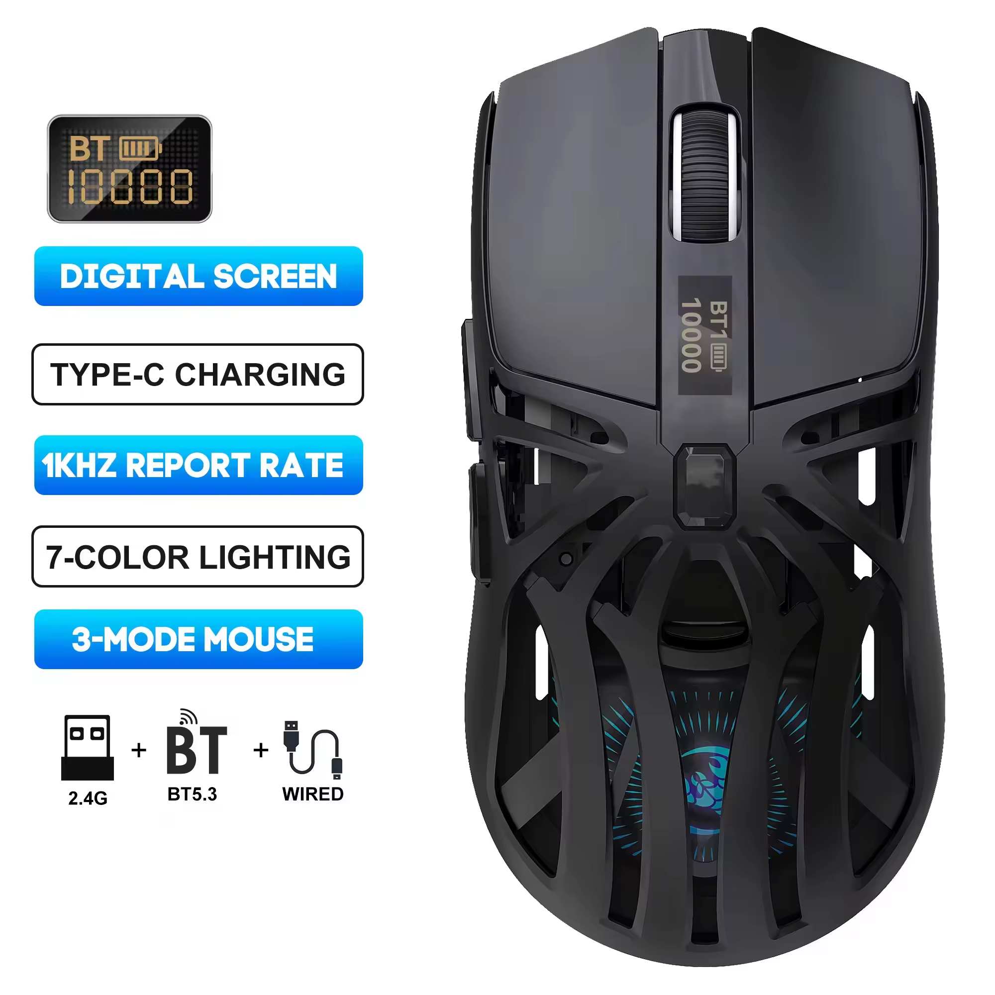HXSJ T400 Lightweight Optical Wireless 3D Macro Gaming Mouse 10000DPI 500mAh Rechargeable for Laptop Office