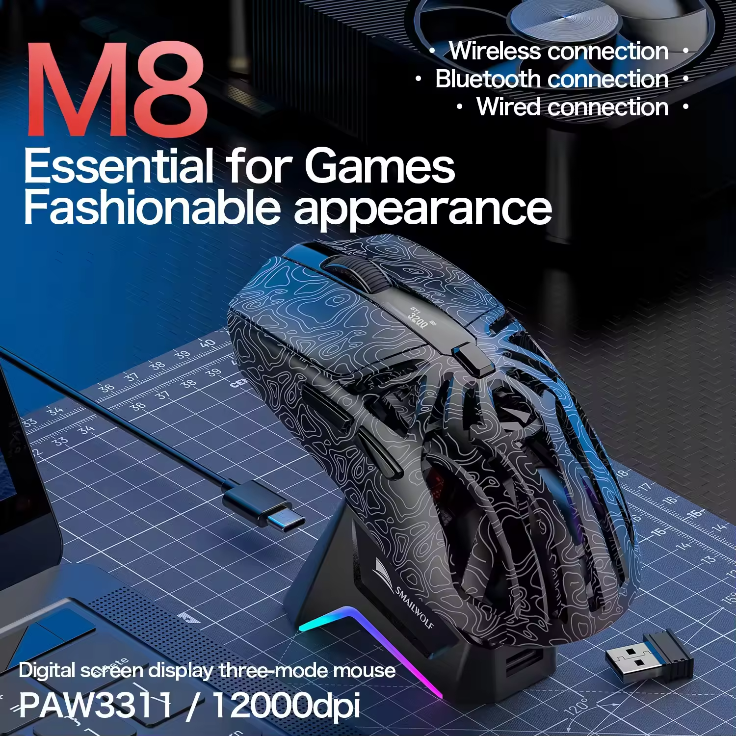 SMAILWOLF M8 Tri-mode Gaming Mouse with PAW3311 Flagship Sensor With Screen and Charging Dock Contoured Finish Professional Mice