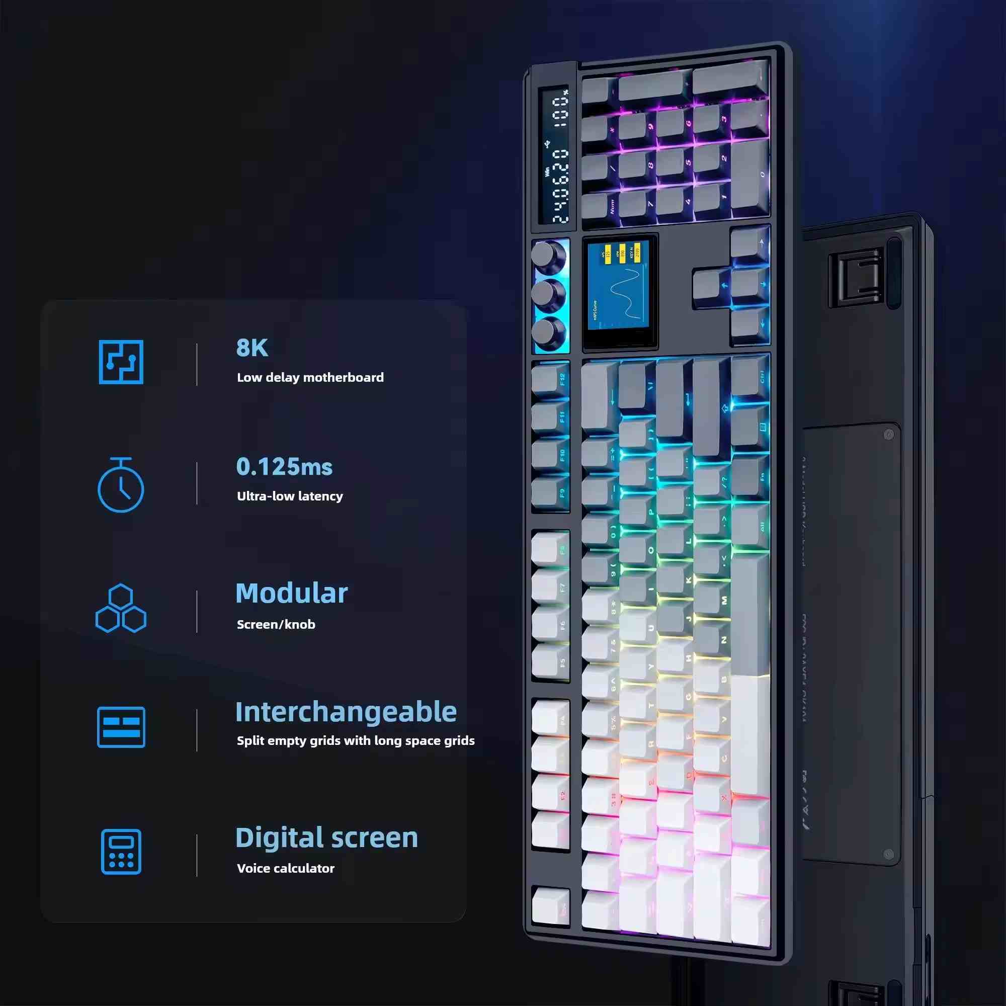 OEM GK104Pro Tri-mode Mechanical Gaming Keyboard 8K 0.125MS Low Latency Display 7 Electronic Sound Effects Knob