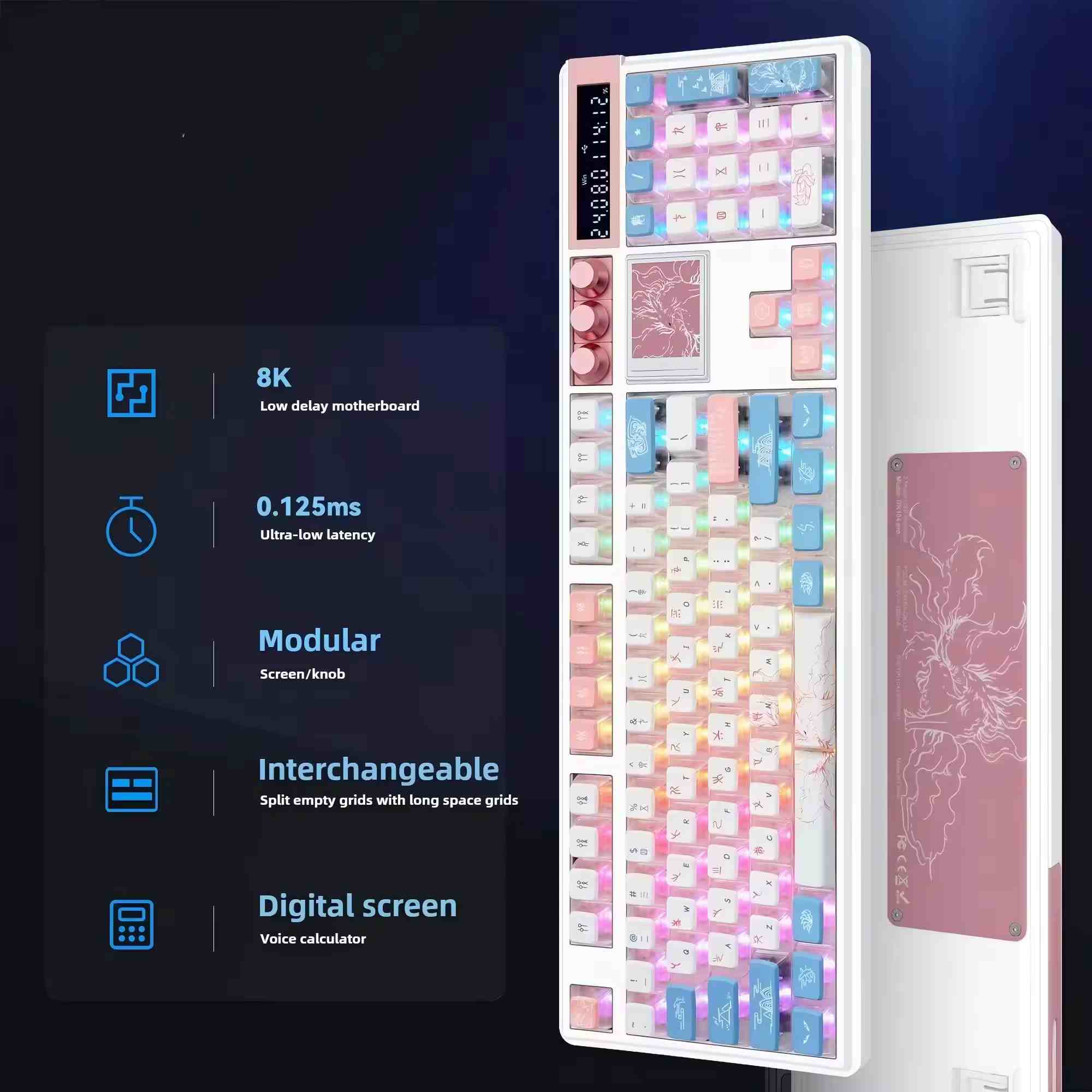 OEM GK104Pro Tri-mode Mechanical Gaming Keyboard 8K 0.125MS Low Latency Display 7 Electronic Sound Effects Knob