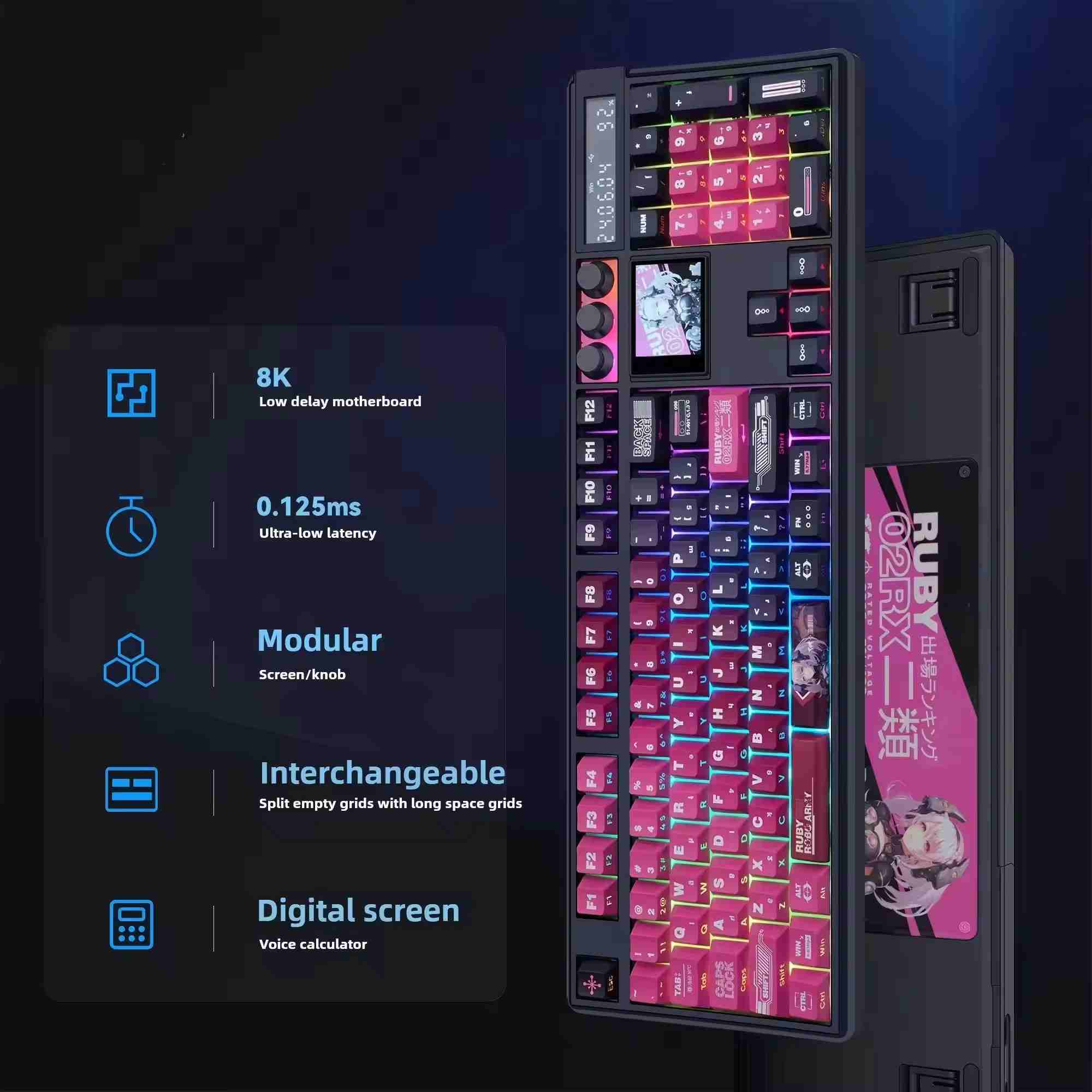 OEM GK104Pro Tri-mode Mechanical Gaming Keyboard 8K 0.125MS Low Latency Display 7 Electronic Sound Effects Knob