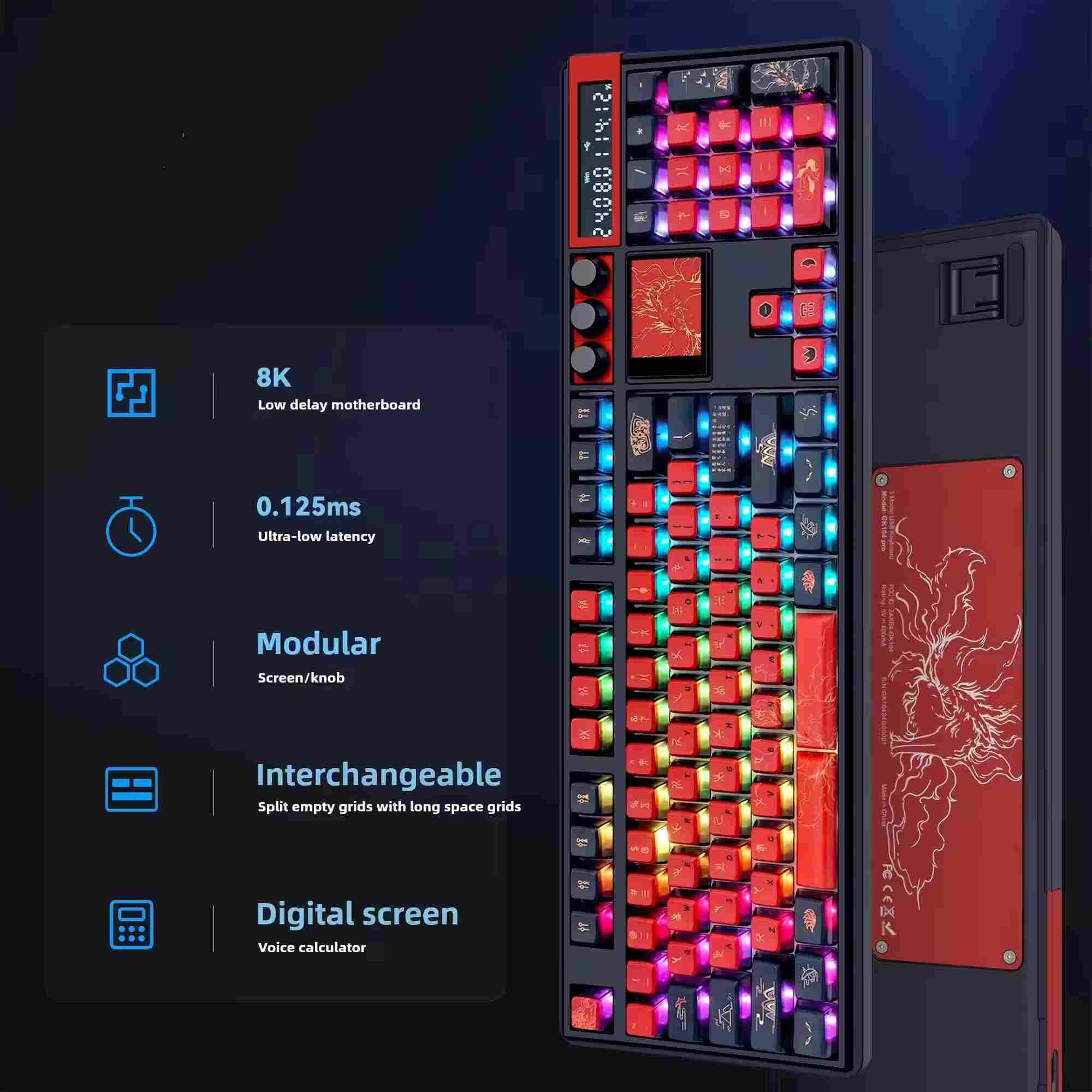 OEM GK104Pro Tri-mode Mechanical Gaming Keyboard 8K 0.125MS Low Latency Display 7 Electronic Sound Effects Knob