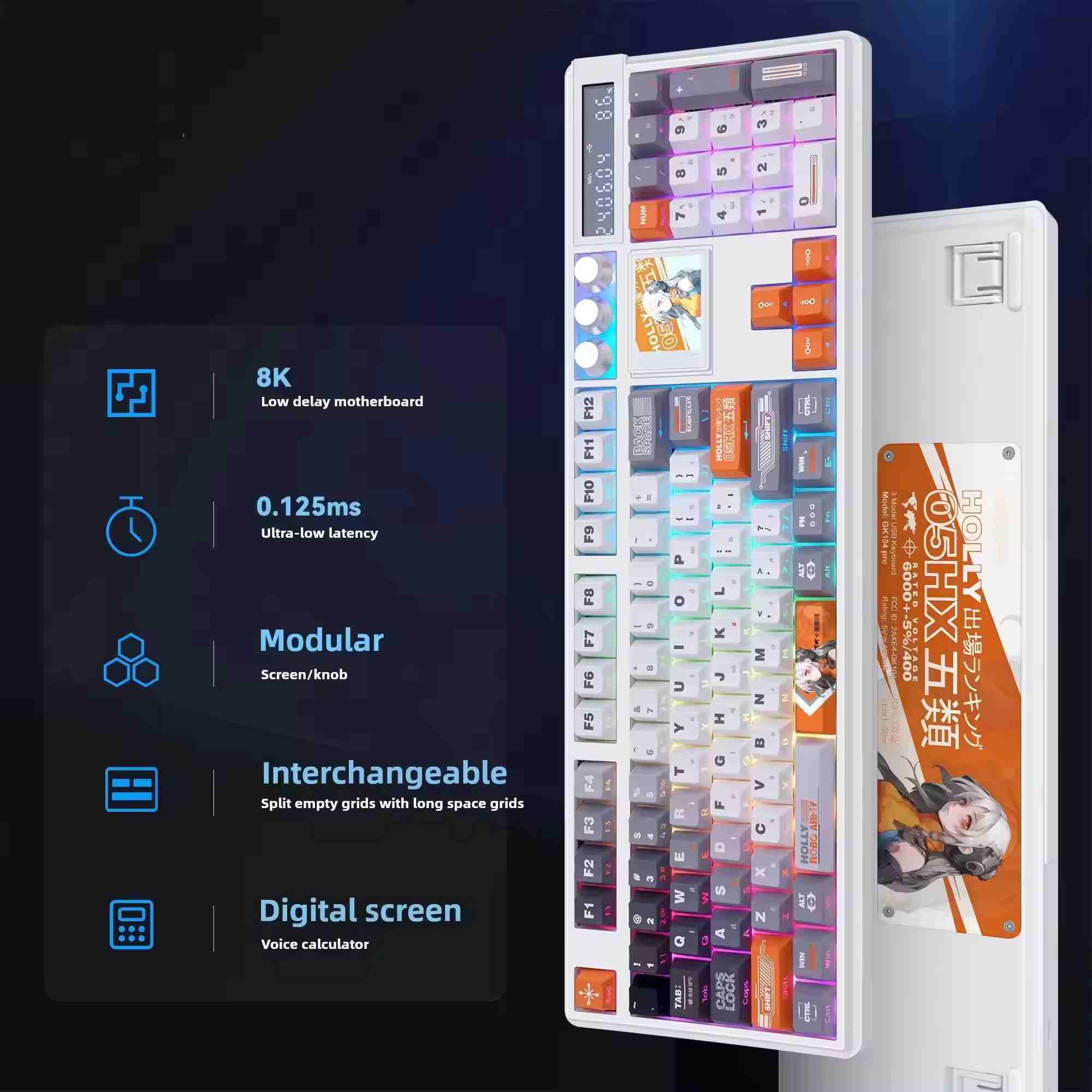 OEM GK104Pro Tri-mode Mechanical Gaming Keyboard 8K 0.125MS Low Latency Display 7 Electronic Sound Effects Knob